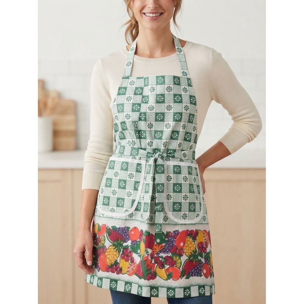 Vintage style Green Checkered Floral Fruit Border Bib Apron with Pockets